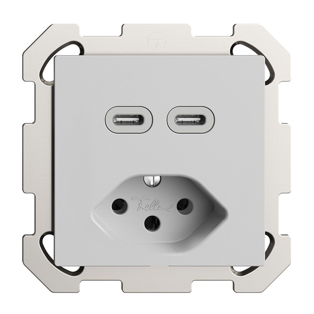 UP-Steckdose USB 2×Typ C + Typ 13 Feller EDIZIOdue FM 230V 3000mA hellgrau