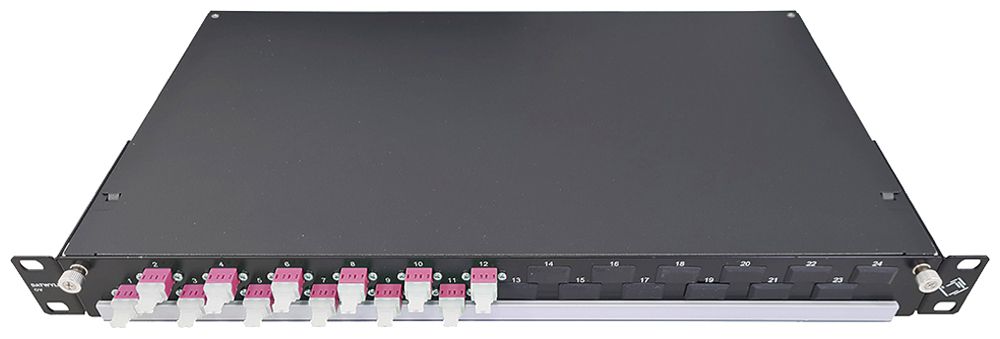 Coffret d'épissure 19" Dätwyler OV-CH 12×LCD/PC violet OM4 décalé 1UH noir