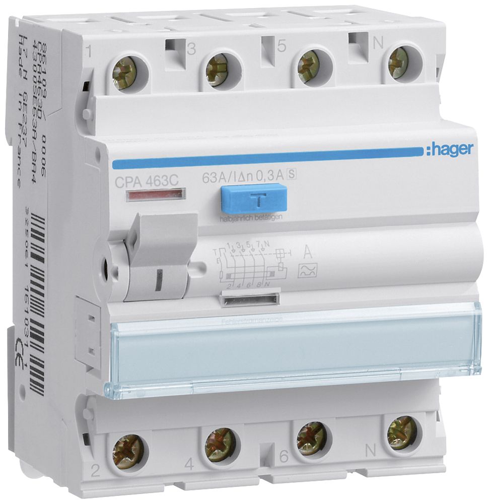 Interruttore differenziale Hager RCCB (RCD) 4P 400V 0.3A tipo A S 63A 4UM