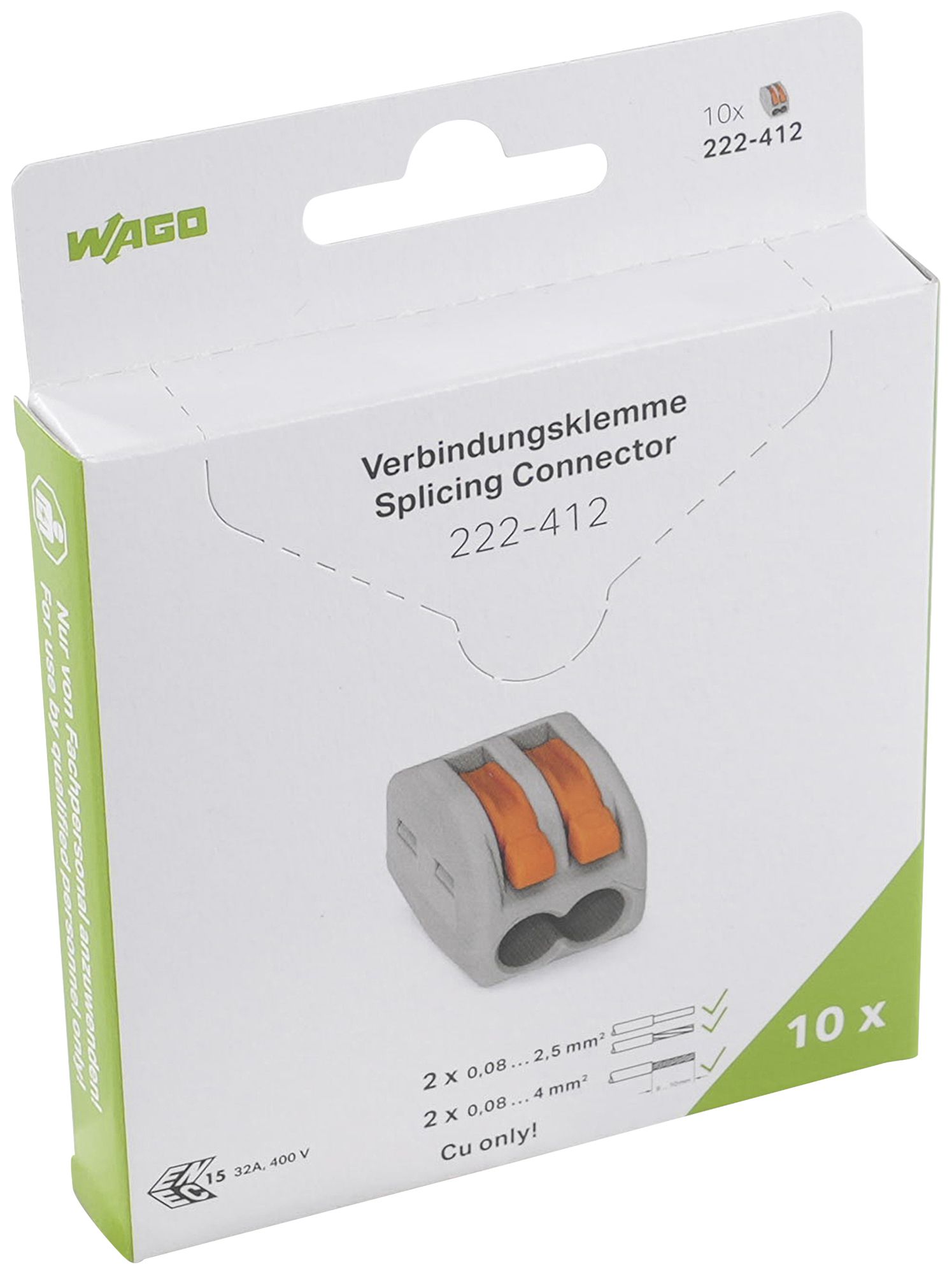 Borne de connexion WAGO 222-412 en blister 10 pièces 2L 0.08…2.5mm² 32A 400V