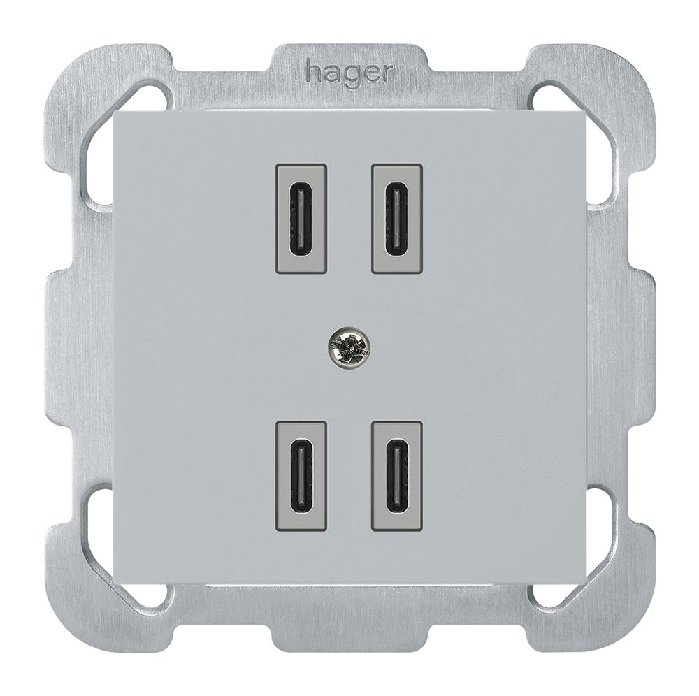 UP-USB-Ladesteckdose Hager kallysto 2×C-C 2×20W oder 4×10W 5V 77×77mm grau