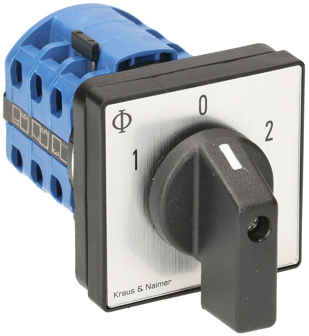 EB-Drehschalter K&N, 20A/690V 3L, Griff sz, 48×48mm, Ø6mm, "1-0-2"