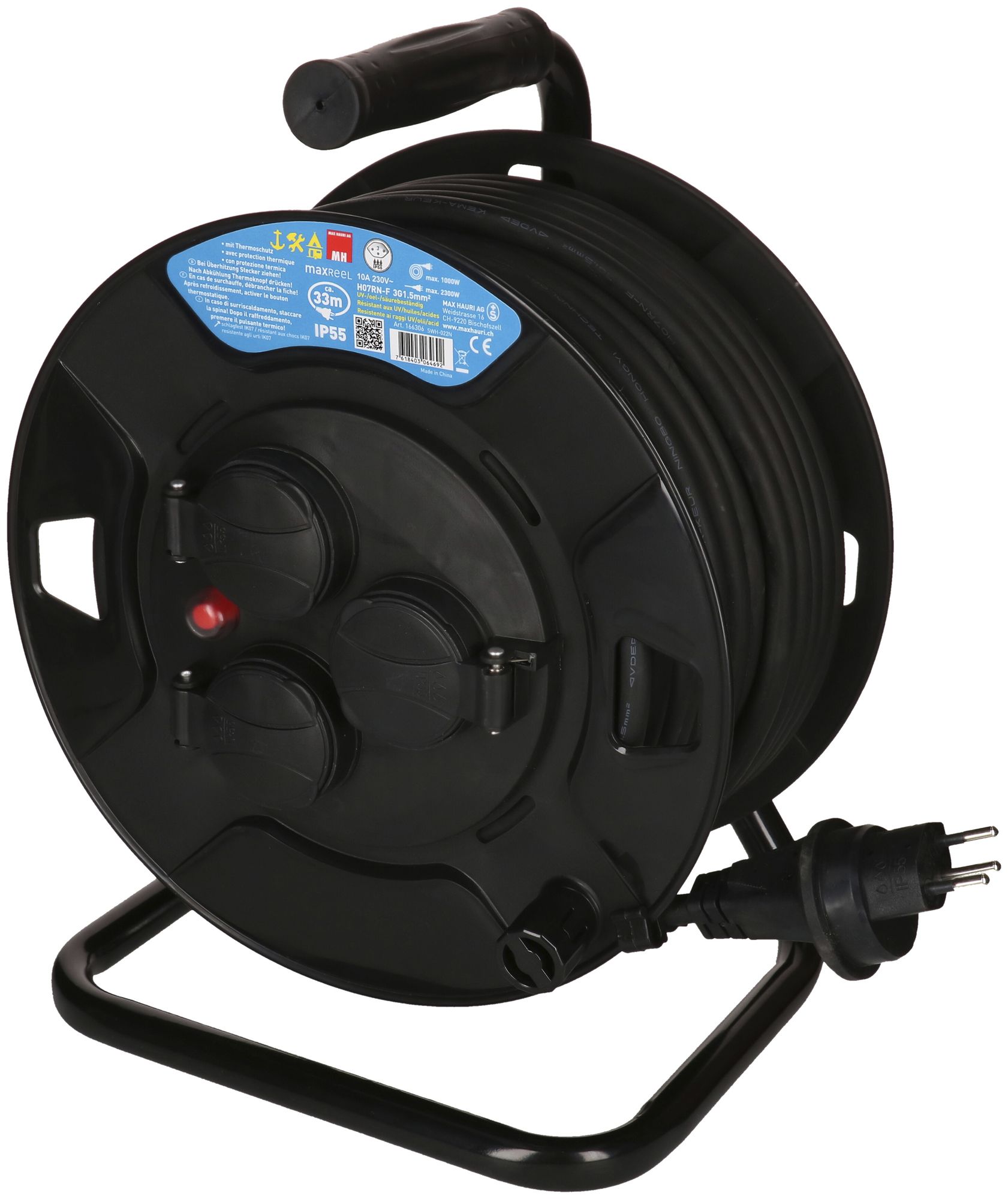 Enrouleur de câble MAX HAURI matière synth.230V 10A 3×T13 33m 3×1.5mm² IP55 noir