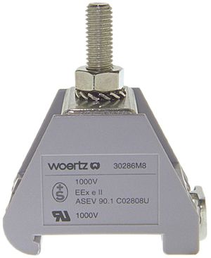 Borne de passage joignable Woertz 95mm² 200A 750V boulon 1×1 rail DIN 35mm gris