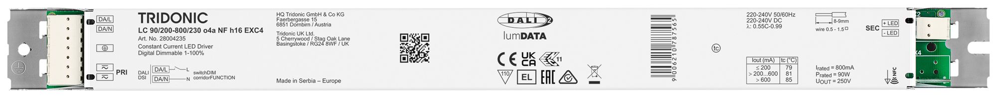Alimentation LED Tridonic LC NFC EXC4 46…90W 45…230V 200…800mA DALI 360×30×16mm