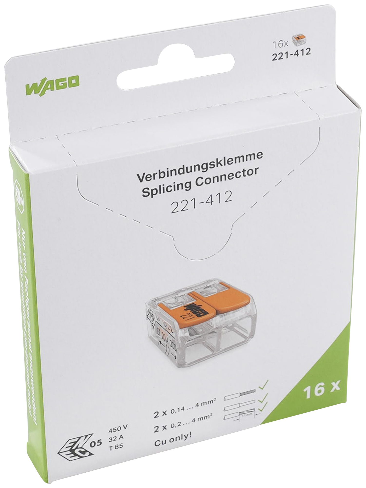Borne de connexion WAGO 221 2×0.2…4mm² levier 32A 450V orange transparent