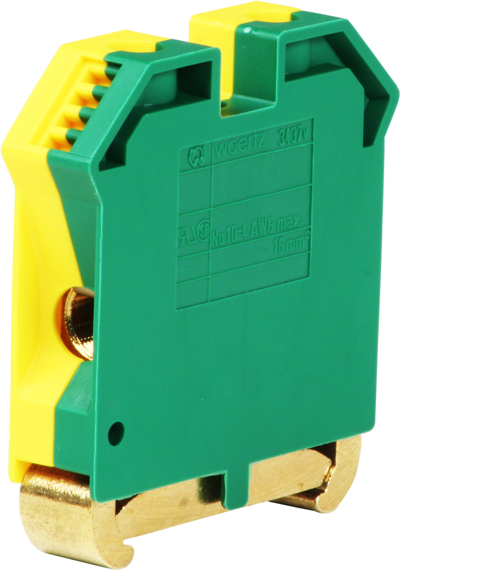 Borne de terre joignable Woertz 6…16mm² vis 2×1 rail DIN 35mm vert/jaune