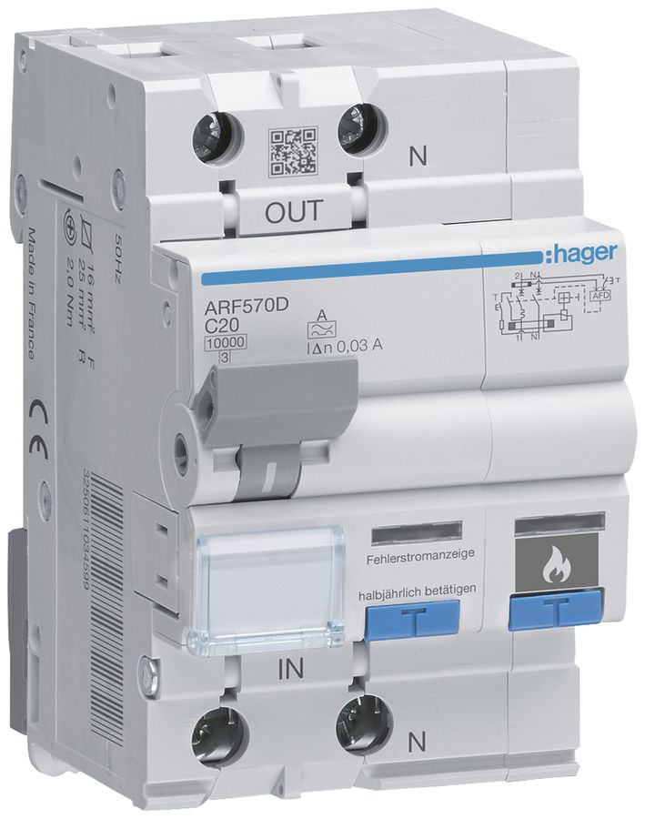 Brandschutzschalter Hager AFDD+FI/LS-Schalter, 1P+N 10kA C20A 30mA Typ A