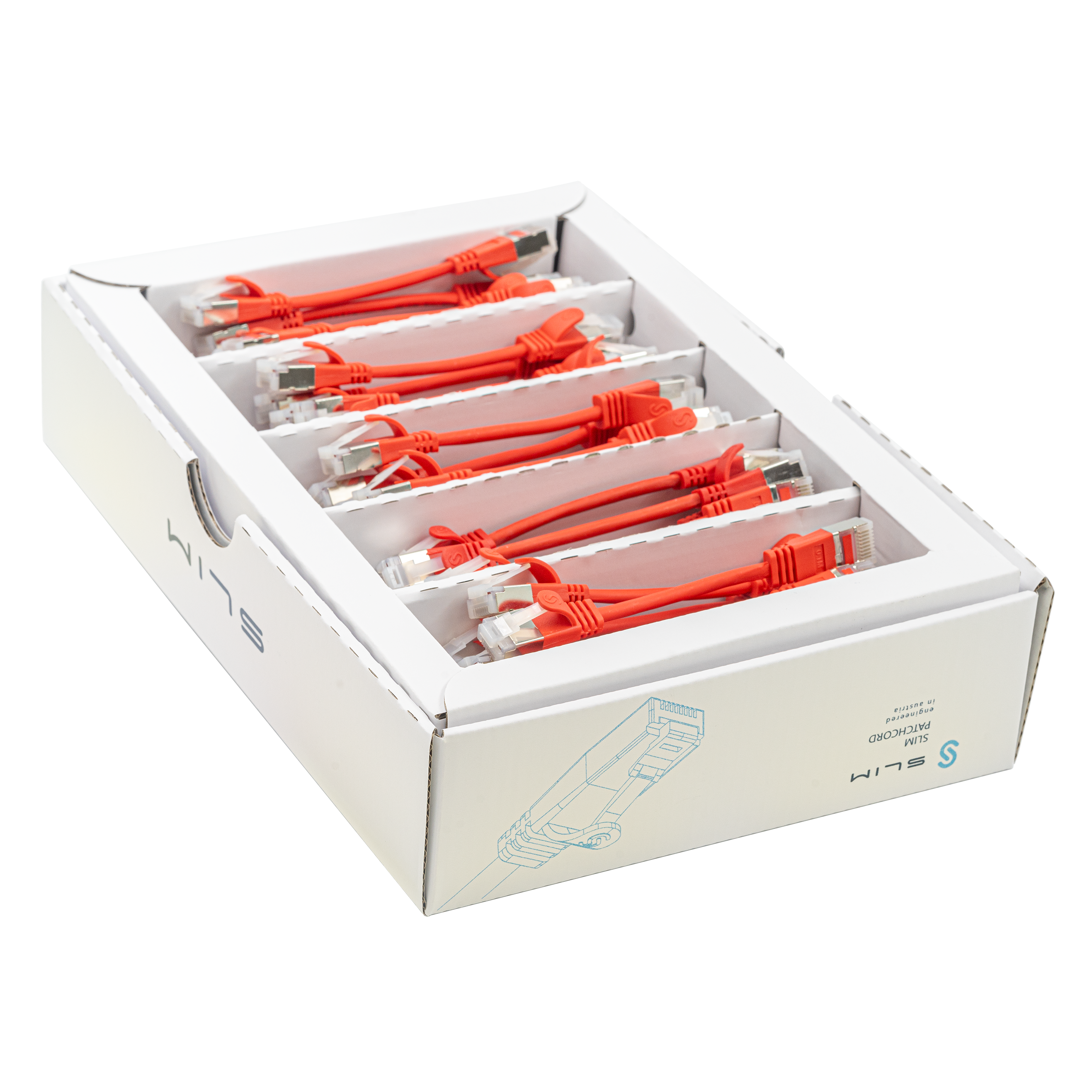 SLIM Patchkabel: 10cm, rot, 50-Pack Cat.6A, U/FTP, LSOH, Klinke unbrechbar