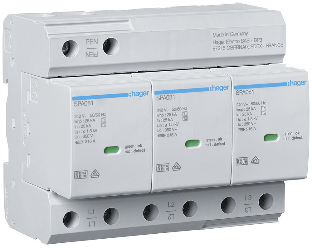 Kombiableiter Hager SPD TN-C 3L 400V 25kA 1.5kV 6TE