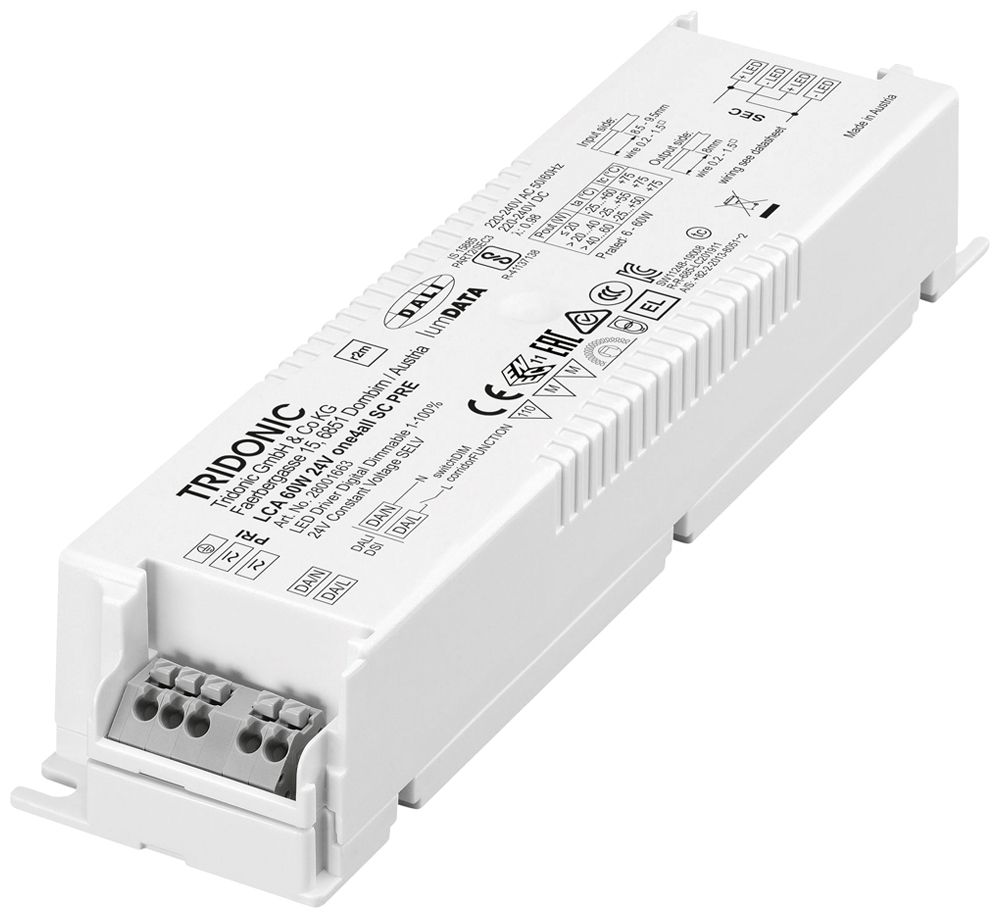 Alimentation LED Tridonic LCA PRE 6…60W 24V 250…2500mA DALI2 225×43×30mm
