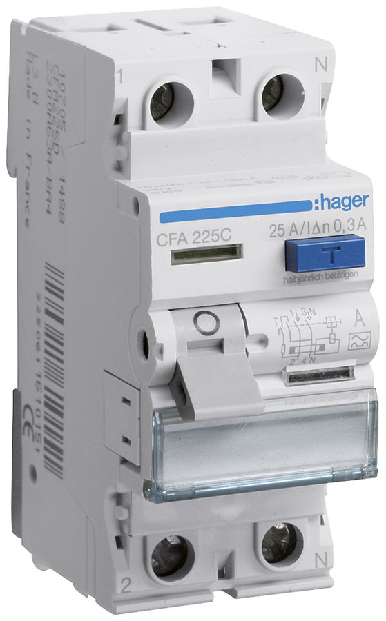 Fehlerstrom-Schutzschalter Hager RCCB (RCD) 2P 230V 0.3A Typ A 25A 2TE