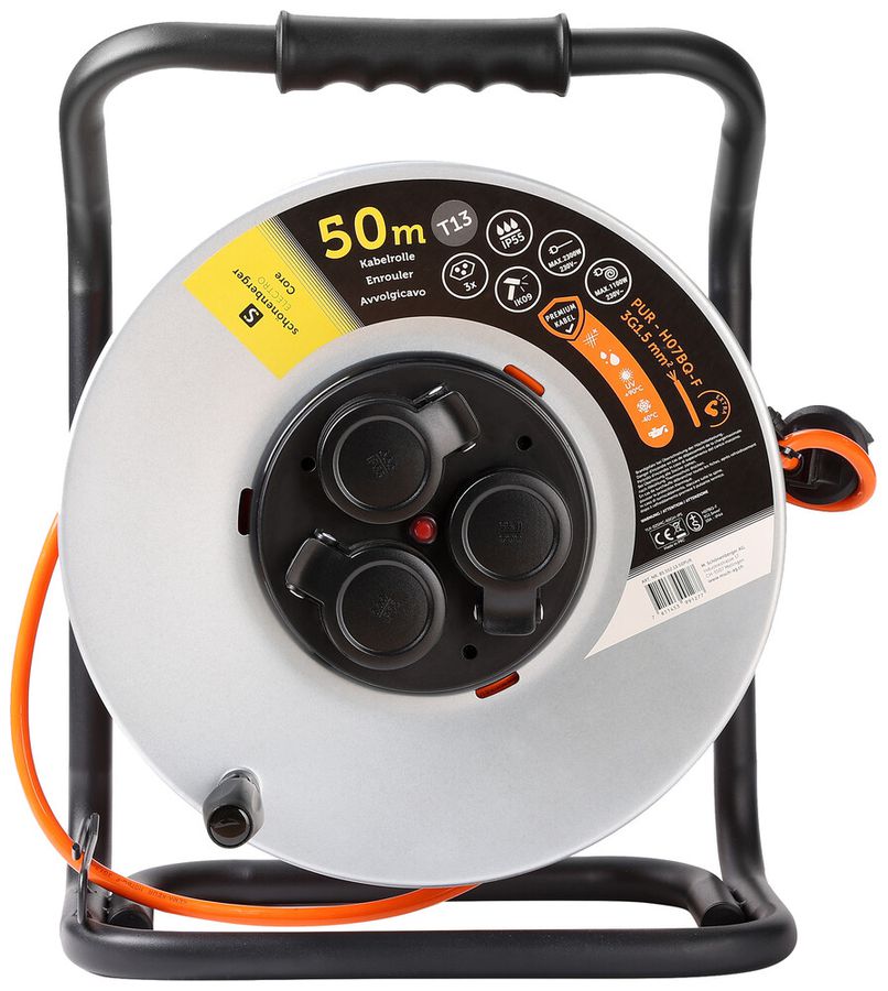 Kabelrolle Schönenberger Stecker:T13 Steckdose:3×T13 50m IP55 Silber