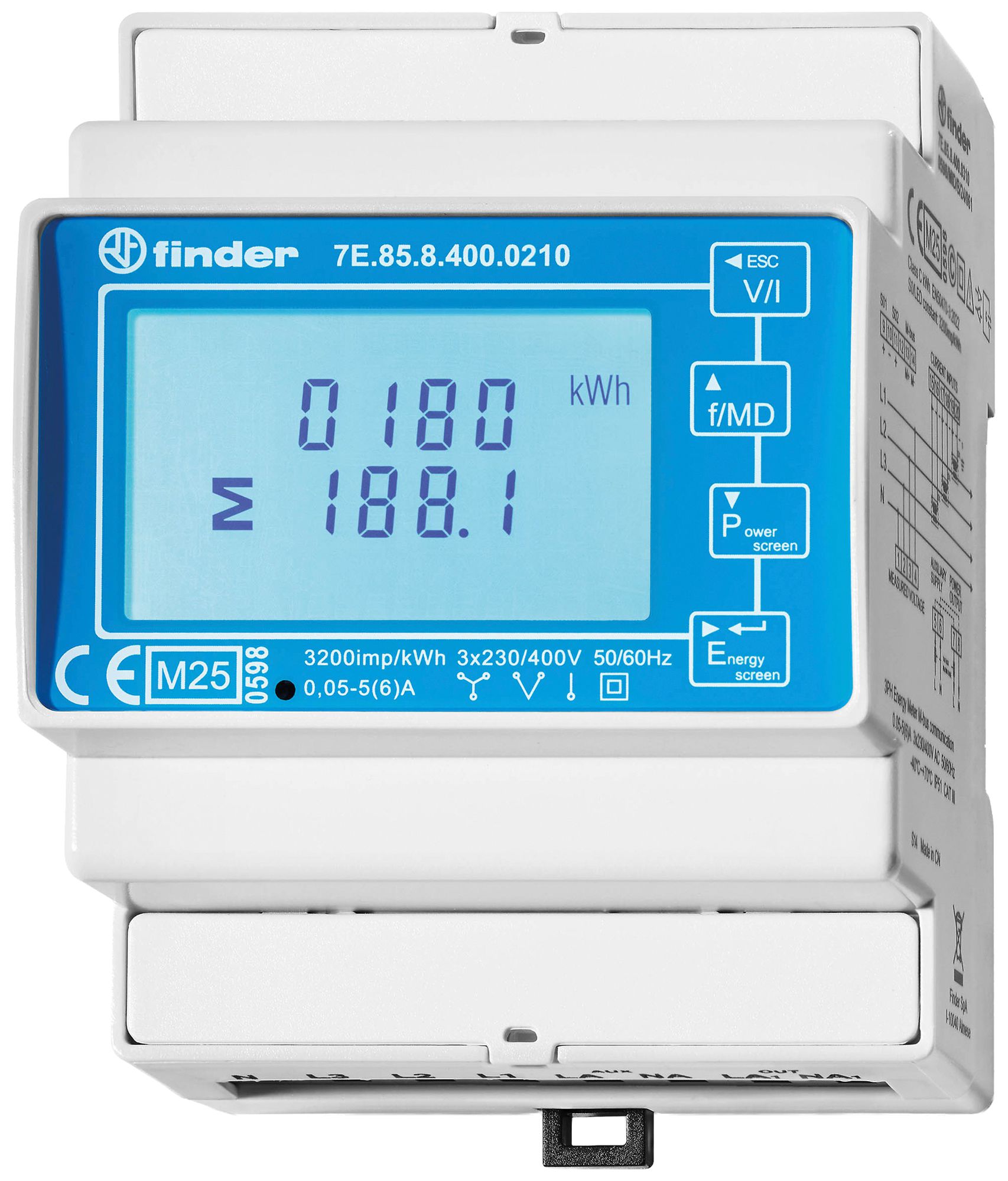 Compteur d'énergie AMD FINDER 7E.85 3LN indirecte 1A Modbus S0 MID