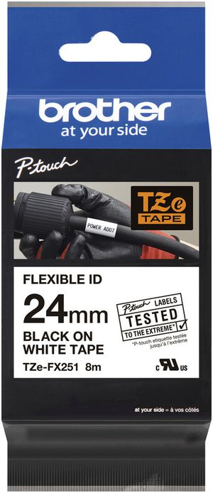 Cassette de ruban à imprimer Brother TZe-FX251 Flex 24mm×8m, blanc/noir
