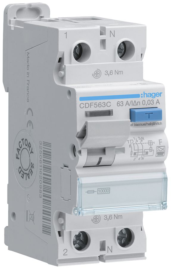 Interruttore differenziale Hager RCCB (RCD) 2P 400V 0.03A tipo F 63A 10kA 2UM