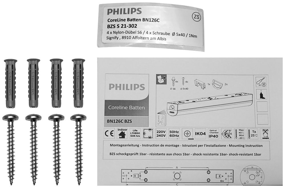 Kit de montage Philips CoreLine BZS S 21-302 avec 4 vis Ø5×40mm, 4 chevilles