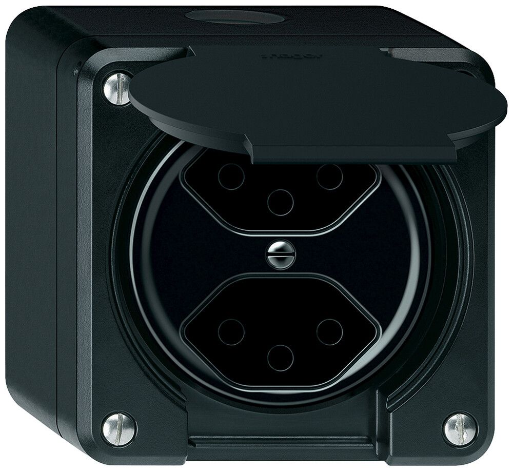 AP-Steckdose FI robusto 1×T23 30mA 16A 250V 86×86mm IP21 schwarz