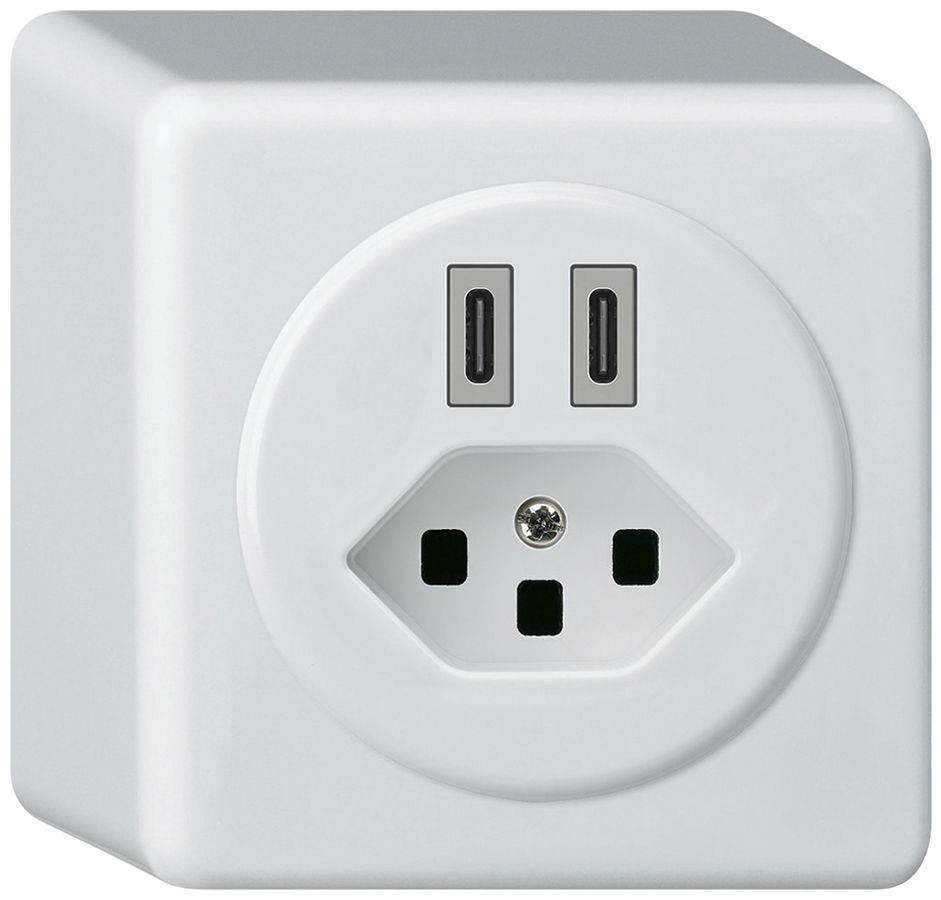 Prise de charge USB AP Hager basico C-C 20W+T23 5V 86×86mm blanc