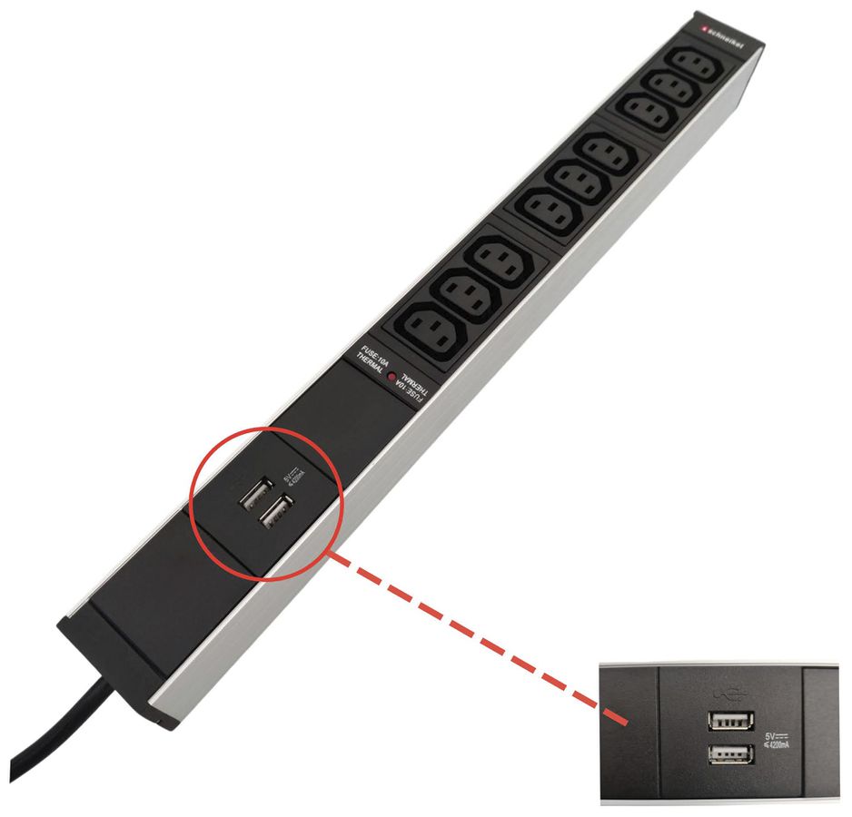 Prise multiple 19" 1UH 9×C13/2×USB-A, Td3×1mm² 3m C14, F=10A, noir