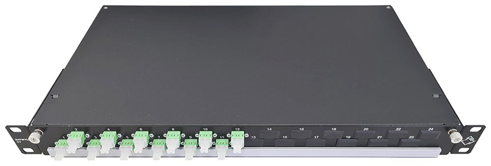 Coffret d'épissure 19" Dätwyler OV-CH 12×LCD/PC vert OS2 décalé 1UH noir