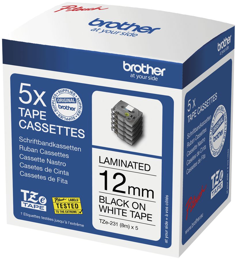 Cassette de ruban à imprimer TZe-235M5 12mm×8m, blanc/noir 5 pièces