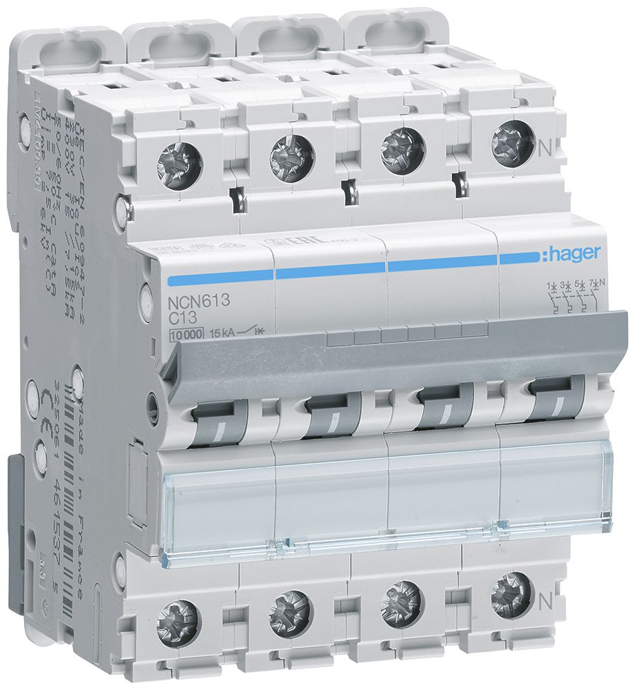 Leitungsschutzschalter Hager MCB 3P+N 415V Typ C 13A Icn 10kA Icu 15 kA 4TE