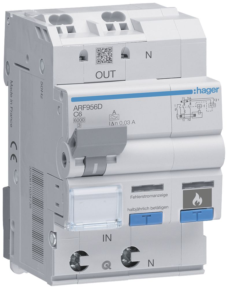 Brandschutzschalter Hager AFDD+FI/LS-Schalter, 1P+N 6kA C6A 30mA Typ A