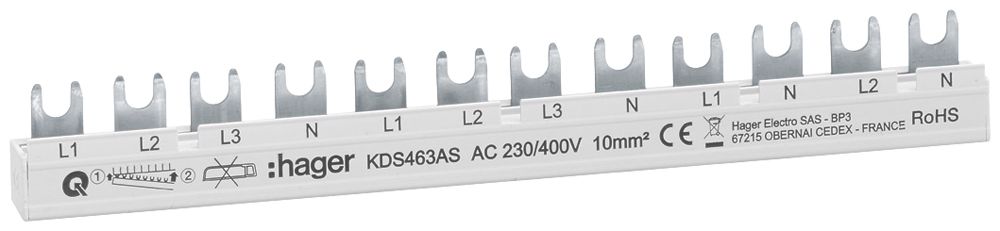 Kammschiene Hager QC 4P 3L Gabel 10mm² 63A 215×3mm L1L2L3N-L1L2L3N-L1N-L2N