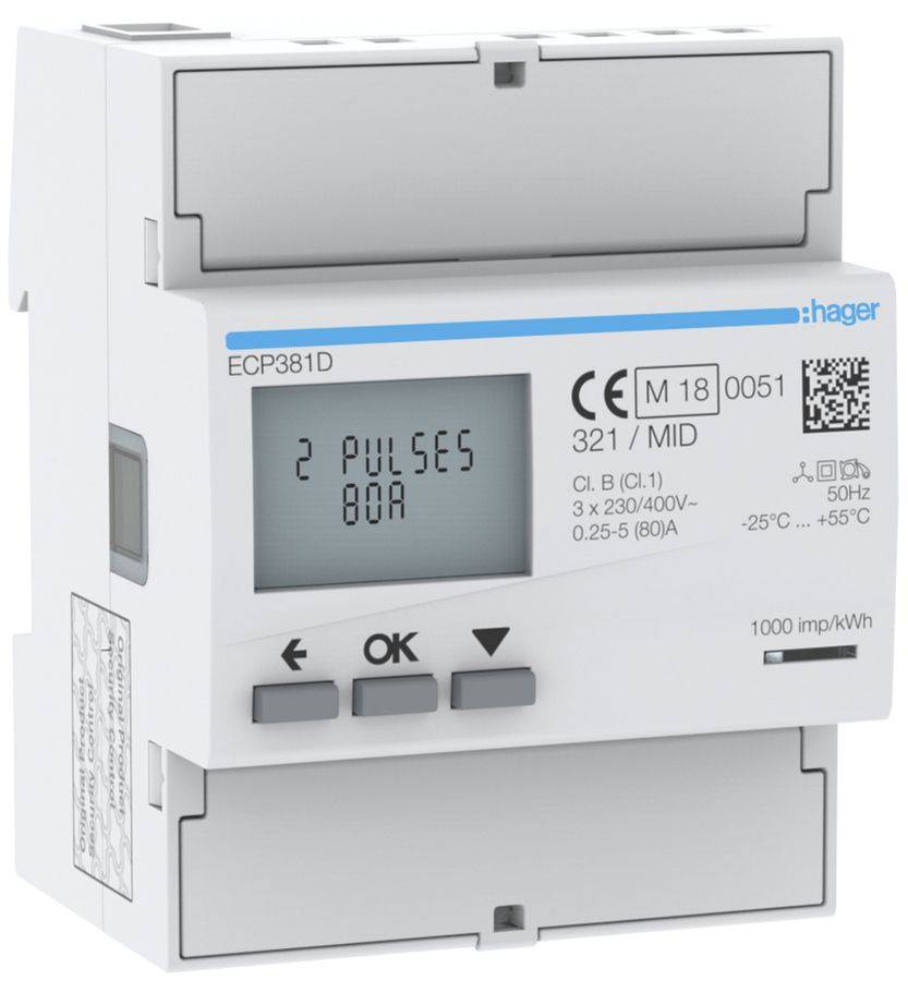 Compteur d'énergie AMD HA ECP381D 3P direct 80A Impuls S0 MID import+export 2T