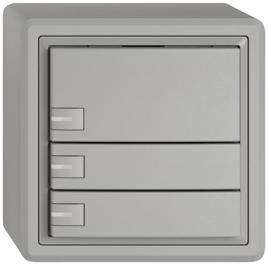 Poussoir universel AP EDIZIO.liv UNI SNAPFIX® 12…48V a.LED bleu 3× comm.1T grc