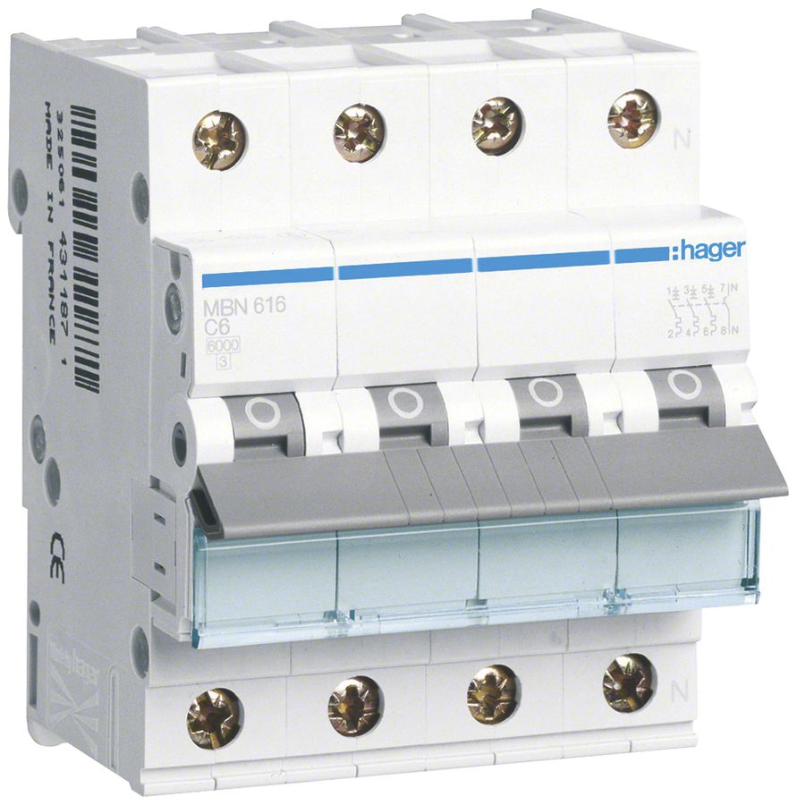 Leitungsschutzschalter Hager MCB 4P 415V Typ B 16A Icn 6kA 4TE