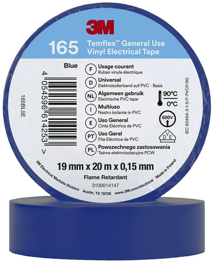 Ruban isolant 3M Temflex 165 19mm×20m×0.15mm bleu VDE 600V 0…90°C