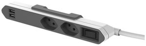 Steckdosenleiste PowerBar 2×T13, 2×USB, Kinderschutz, mit Schalter, grau/weiss