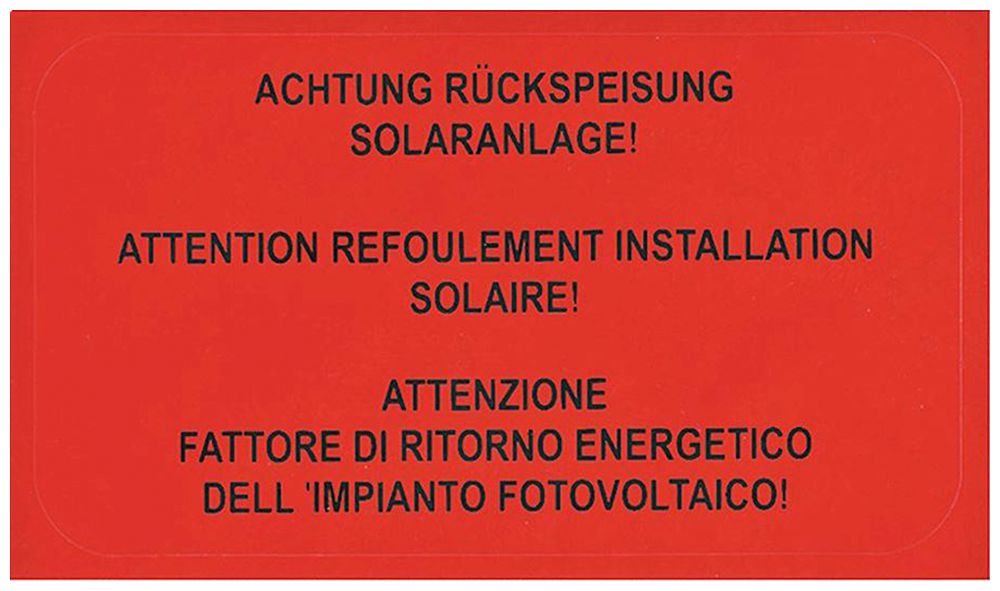 Etichetta Plica EET UV HA DE/FR/IT: ACHTUNG RÜCKSPEISUNG SOLARANLAGE!