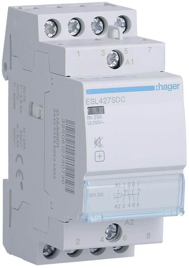 REG-Schütz Hager 12VDC 2 Schliesser 2 Öffner 25A brummfrei 2TE