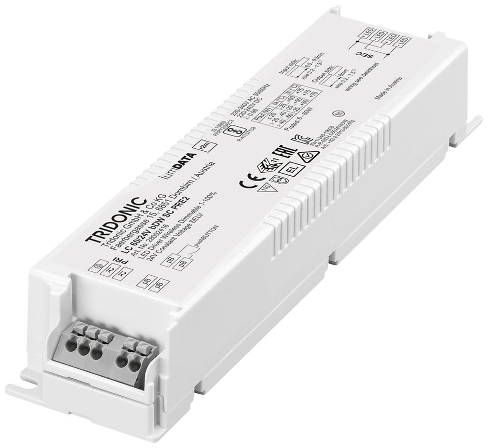Alimentation LED Tridonic LC PRE2 Casambi 60W 24V 250…2500mA VAR 225×43×30mm