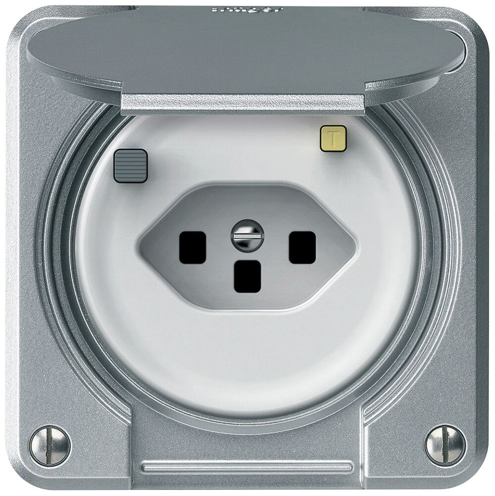 Prise FI ENC robusto 1×T13 30mA 10A 250V 86×86mm IP21 aluminium