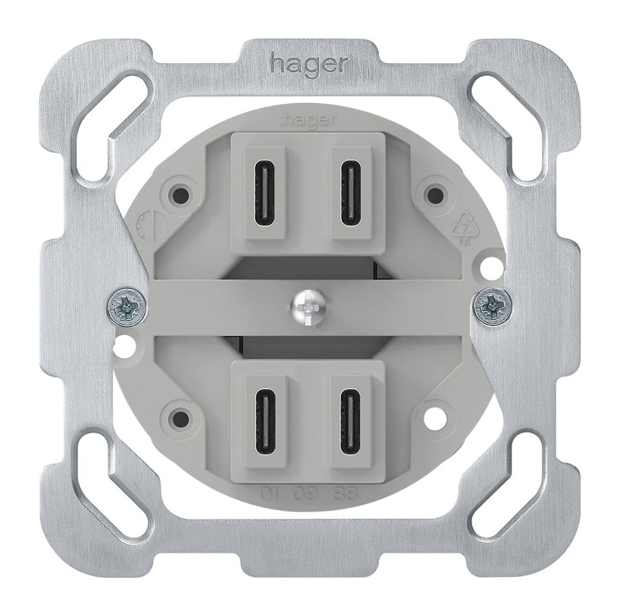 UP-USB-Ladesteckdose Hager 2×C-C 2×20W oder 4×10W 5V 77×77mm aluminium
