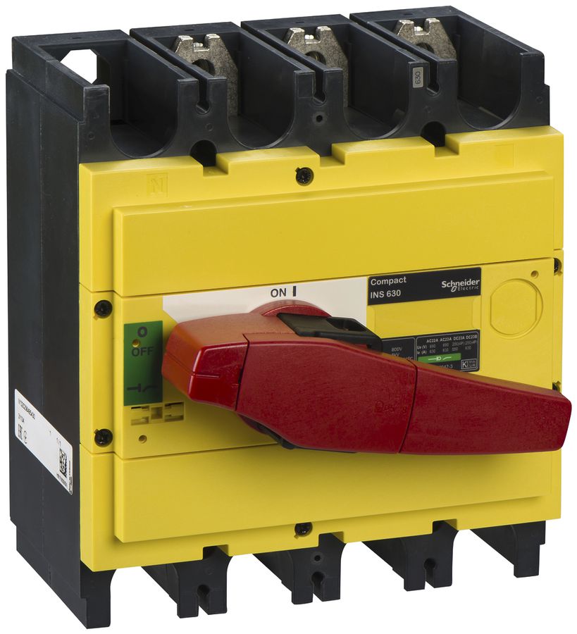 Interupteur de charge Schneider INS 3L 630A avec poignée rotative rouge/jaune
