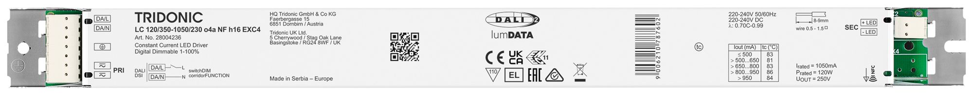Alimentation LED Tridonic LC NFC EXC4 80.5…120W 45…230V 350…1050mA DA 360×30×16