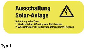 Etichetta Plica EET UV SO tipo 1 "Ausschaltung Solar-Anlage" 40×90mm giallo