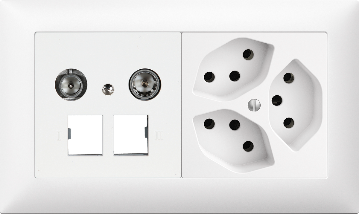 UP-Kombination Edue 1x2, 2xRJ45 11dB + Steckdose 3×T13 ws