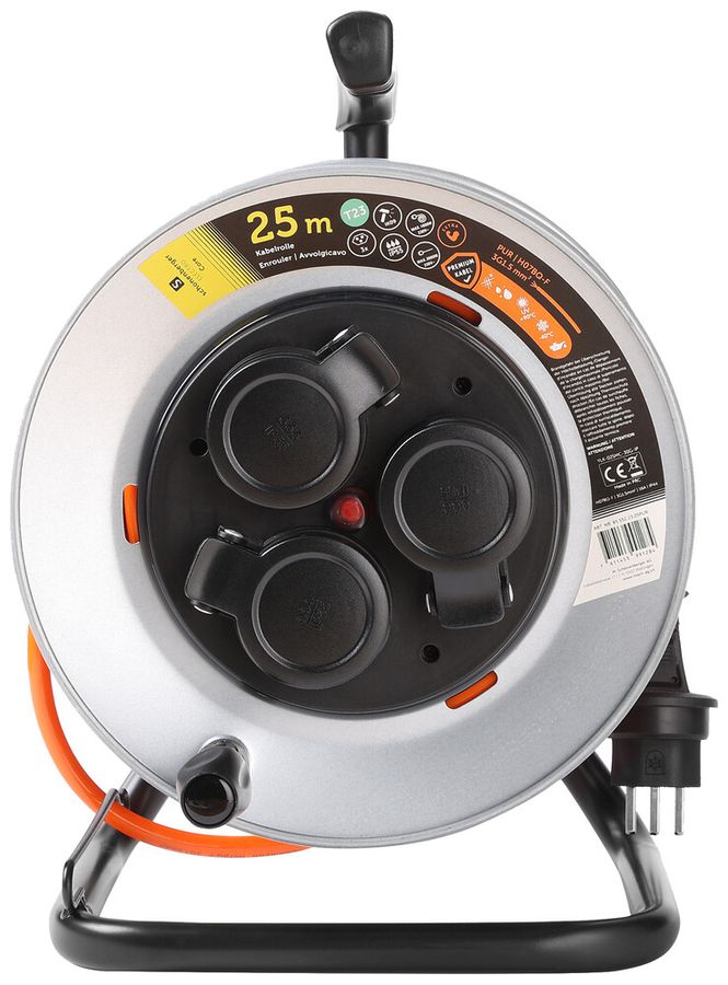 Avvolgicavo Schönenberger spina:T23 presa:3×T23 25m IP55 argento