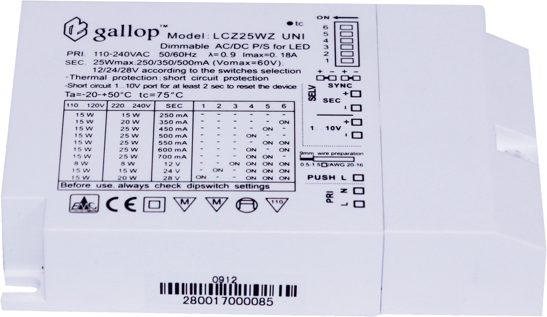 Convertisseur LED 25W, 250-700mA var. avec variateur rot./bouton-poussoir