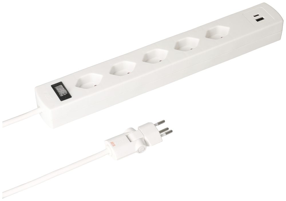 Prise multiple MH Safety Line 5×T13 90° 2×USB A+C, blanc