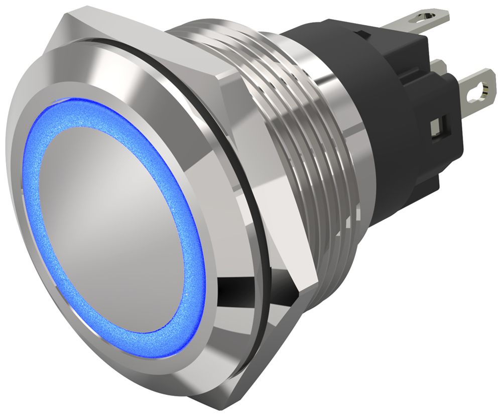 Leuchtdrucktaster EAO 82 1COM 24V Steckanschluss flach Ø22mm rastend blau