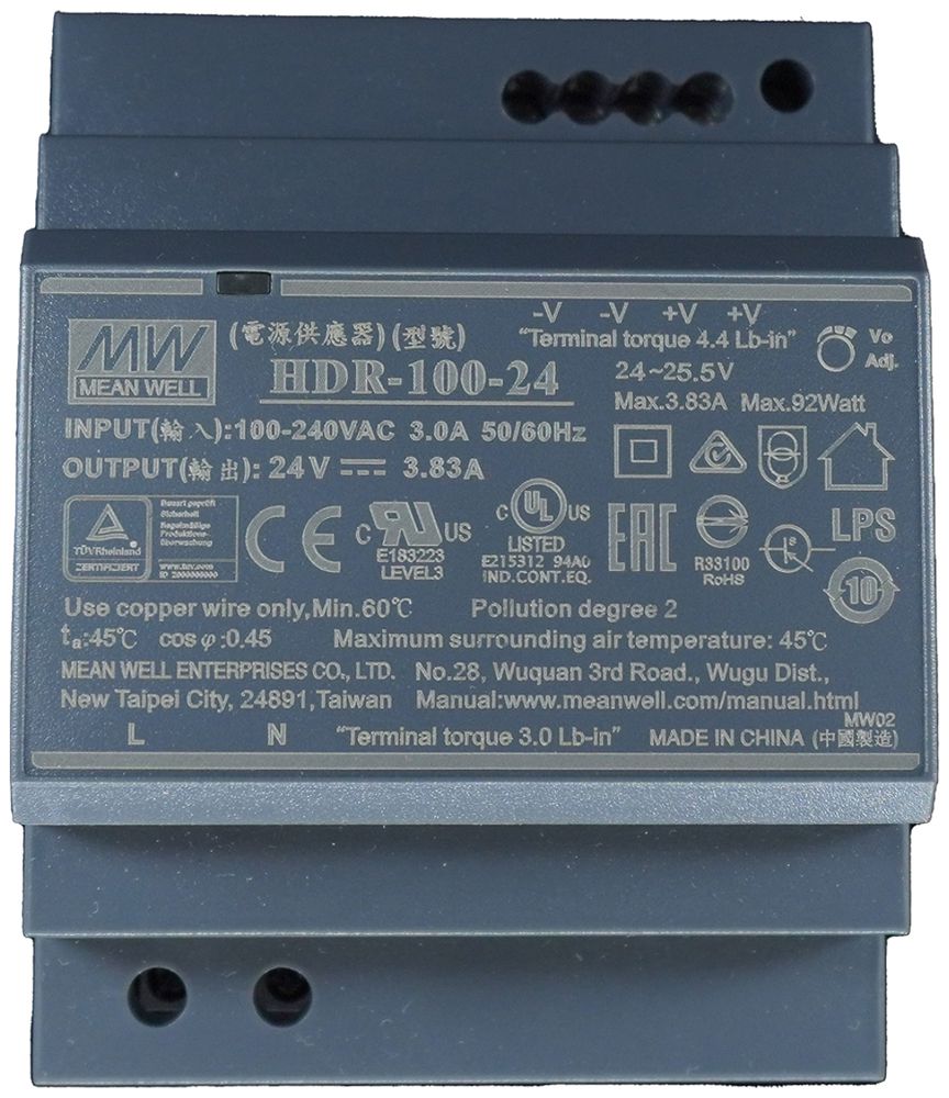 REG-Schaltnetzteil MEAN WELL HDR-100-24, IN: 85…264VAC, OUT: 24VDC/92W, 4TE