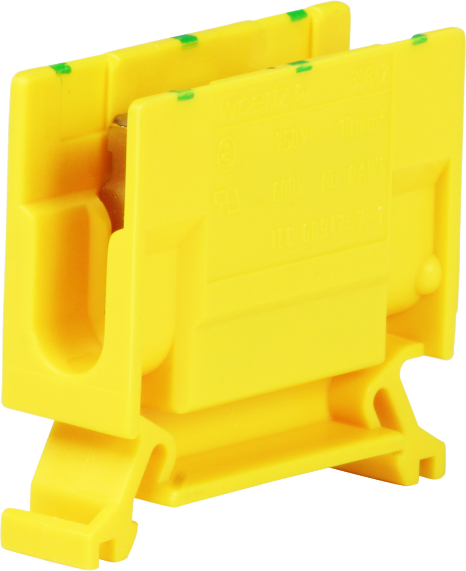 Borne de dérivation Woertz 4…10mm² 57A 750V vis 2×1 rail DIN 35mm vert/jaune