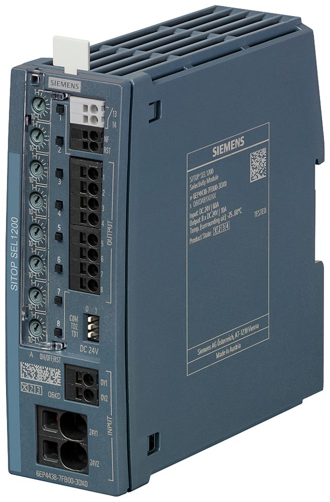 Module de sélectivité Siemens SITOP, IN: 24VDC/72A, OUT: 24VDC/8×10A, commutatif